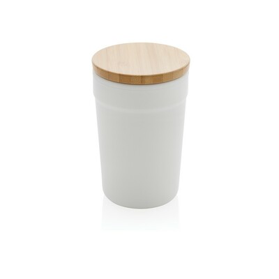This beautiful tumbler with bamboo lid is made with GRS certified recycled PP. GRS certification ensures a completely certified supply chain of the recycled materials. The tumbler features a bamboo lid for on the go usage. Total recycled content: 52% base